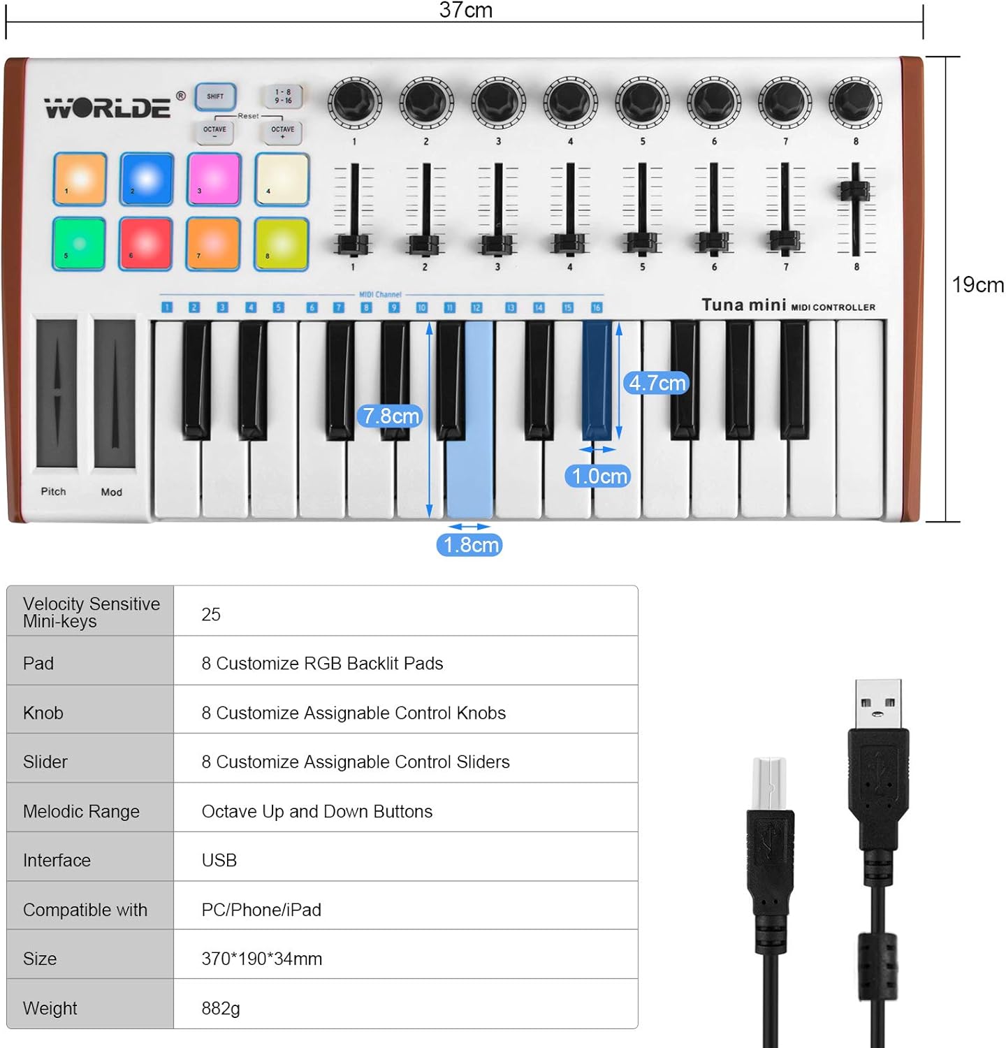 Midi Controller, lotmusic Worlde TUNA PANDA MINI 25 Keys Portable USB Midi Keyboard with 8 RGB Backlit Colorful Drum Beat