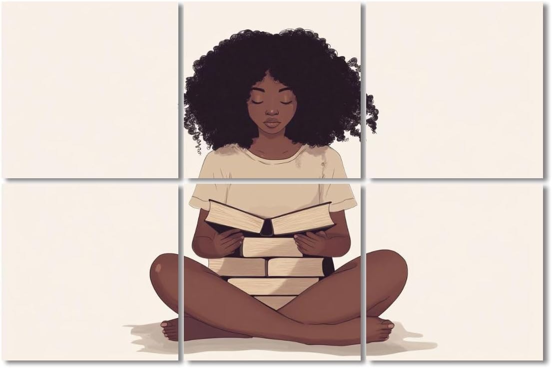 6 Pack Art Acoustic Panels Sound Absorbing African Girl Book Lover Modern Woman Reading Books Curly Hair Relaxed Decorative Soundproof Wall Panels Self Adhesive for Recording Studios Office 72