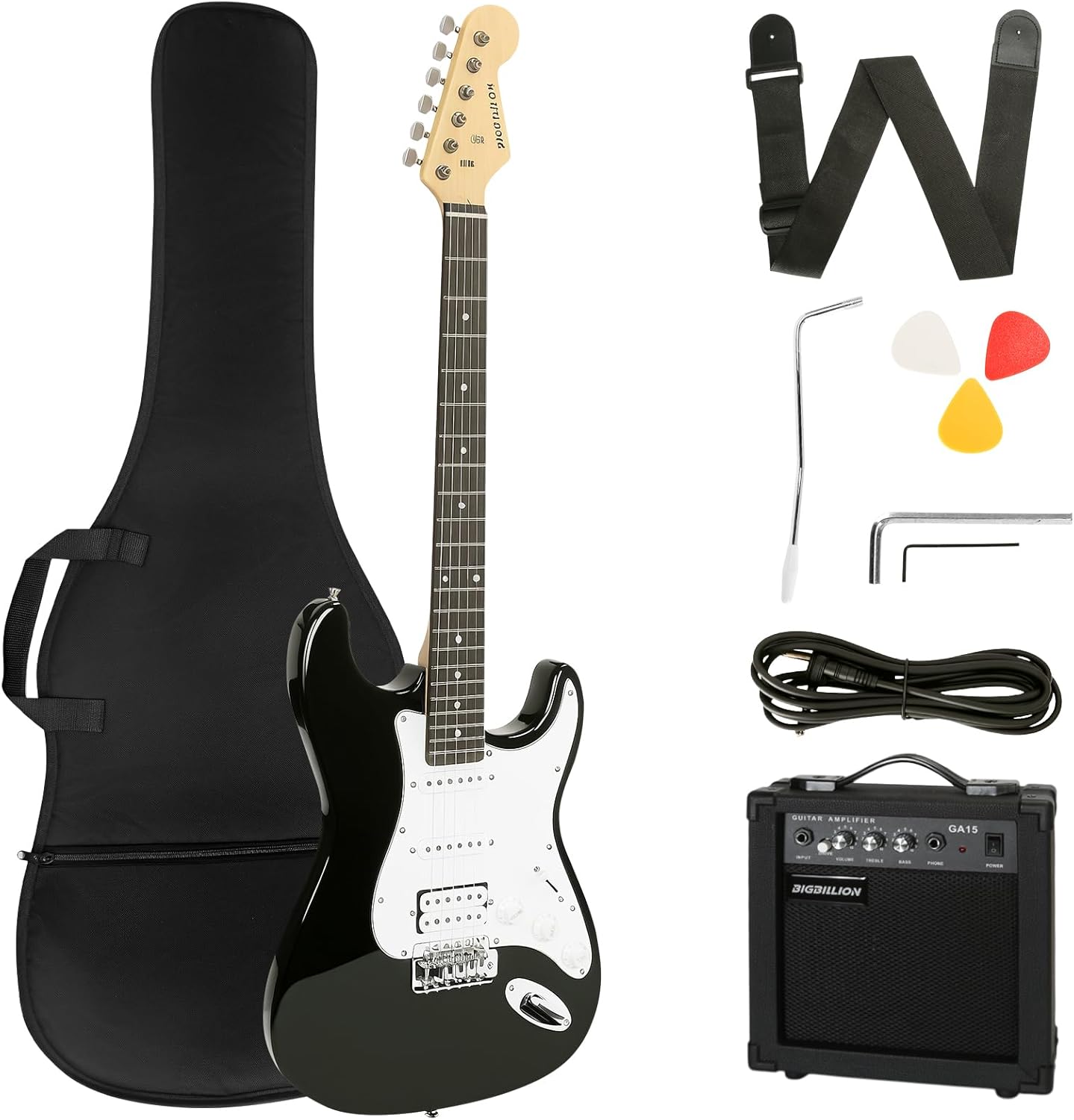 39 Inch Electric Guitar Solid Body Full Size HSS Electric Guitar Beginner Kit for Starter, with Amplifier, Bag, Capo, Strap,Cable, Picks, Black