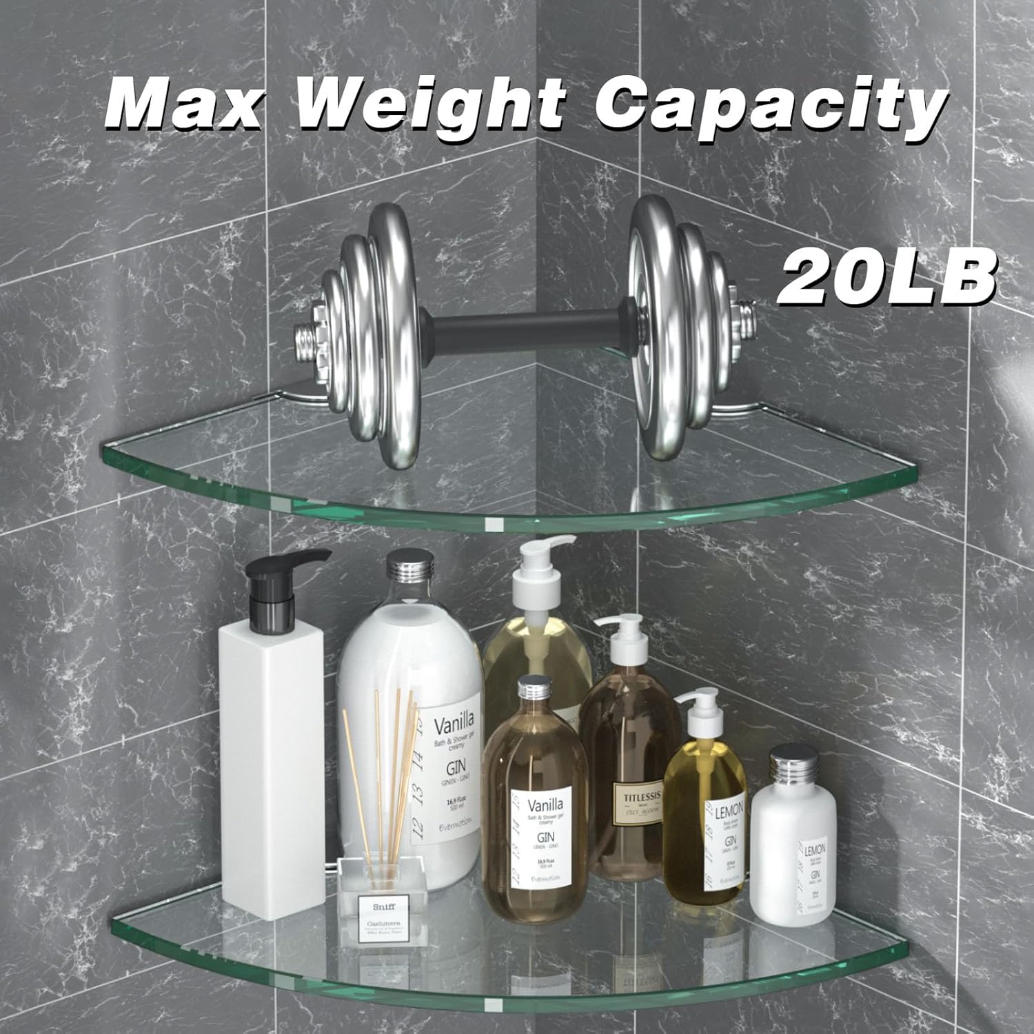 Corner Glass Shower Caddy 4 Pack 8MM-Thick Tempered Glass Shelf No Drilling Wall Mount Corner Mounted Shelves Space Saver Adhesive Bathroom Home Shelf Shampoo Holder Organizer Strong Adhesion