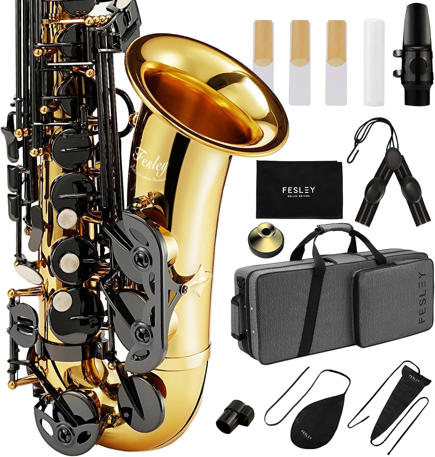 Fesley Saxophone E Flat Alto Saxophone: Saxofón Alto for Professional, Sax for Beginners & Students, Saxophones with Reeds, Neck Strap, Sax Case & Portable Cleaning Kit, Black & Gold
