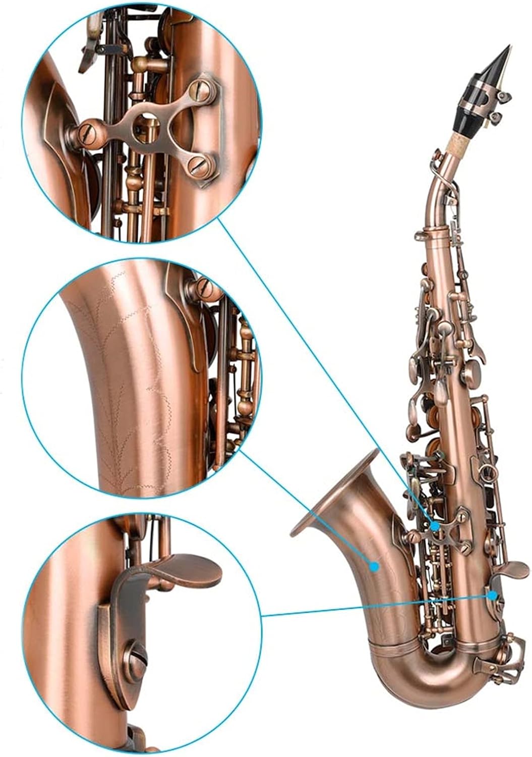 Professional Saxophone Red Antique Soprano Saxophone Bb Key Woodwind Instrument with Case Sax Stand Reed Gloves Cleaning Cloth Brush Sax Strap Brush Brass Sax Beginners Kit