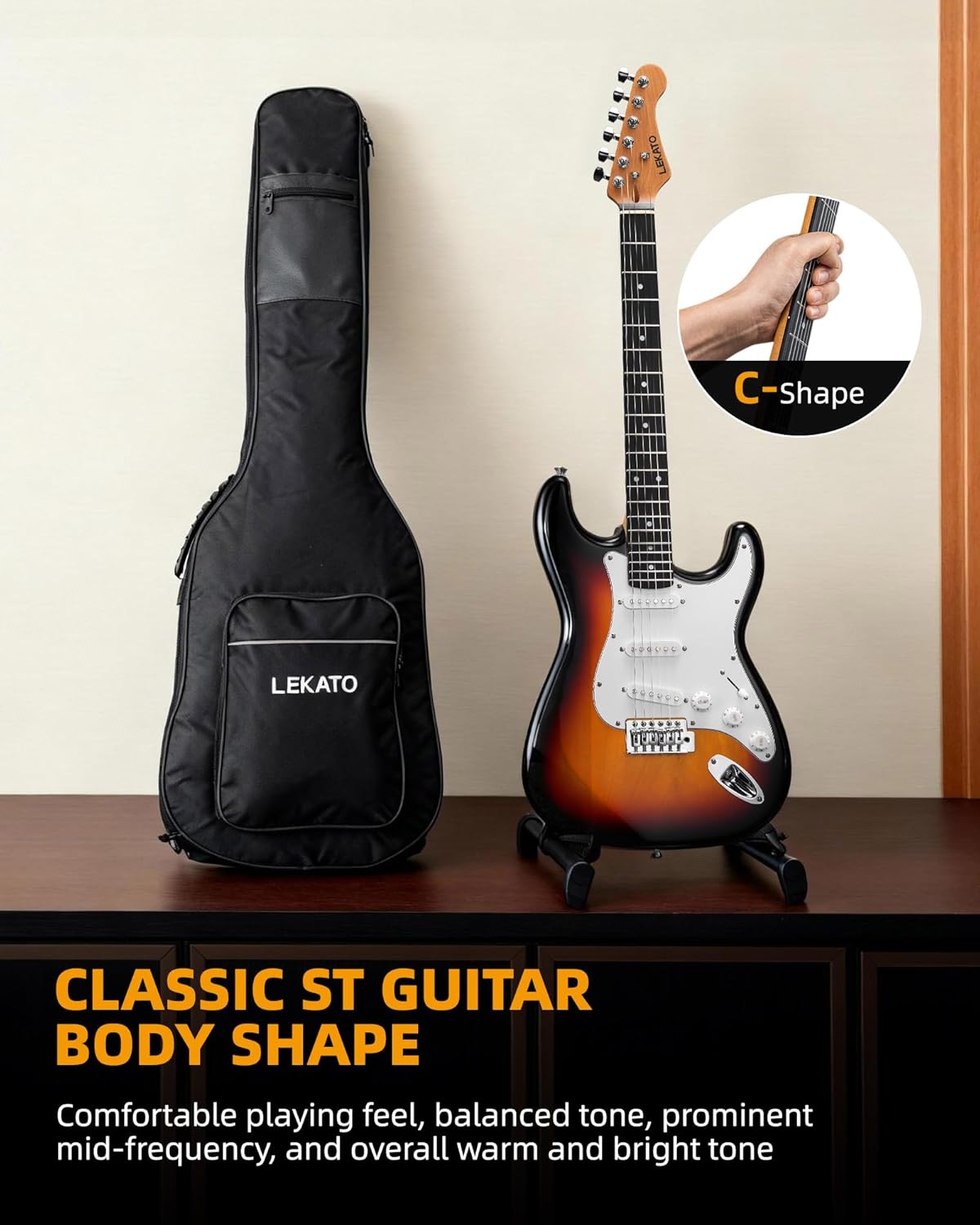 LEKATO Beginner Electric Guitar Kit Solid Body 39 Inch Full Size Guitar SSS for Starter with 5w Plug-in Amp, Bag, Tuner, Capo, Shoulder Strap, Picks, String, String Winder&Cutter - Sunburst