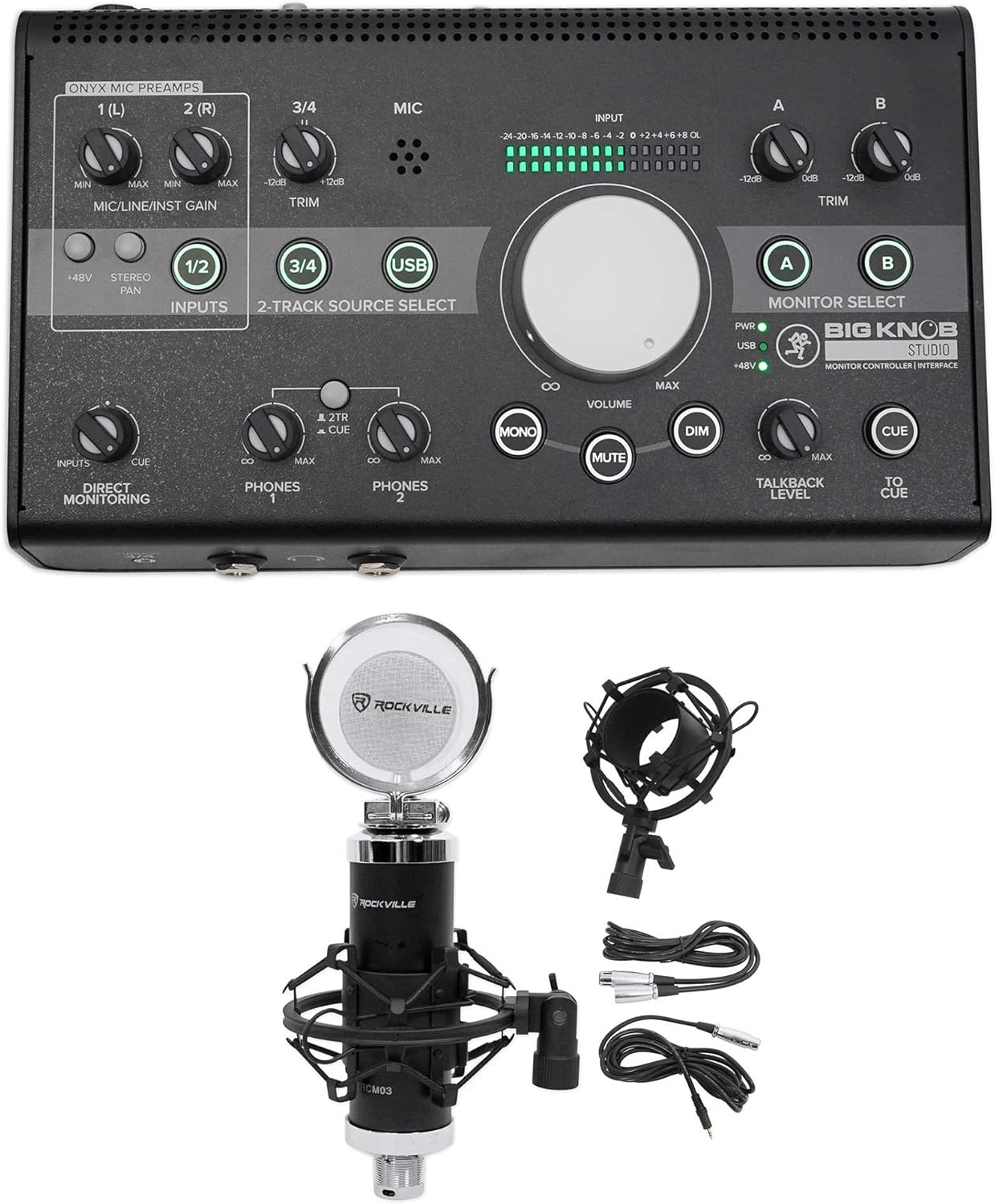 Audiosavings Bundle: Mackie Big Knob Studio 3x2 Studio Monitor Controller 96kHz USB I/O Bundle with Rockville RCM03 Pro Studio Recording Condenser Microphone Mic+Metal Shock Mount (2 Items)