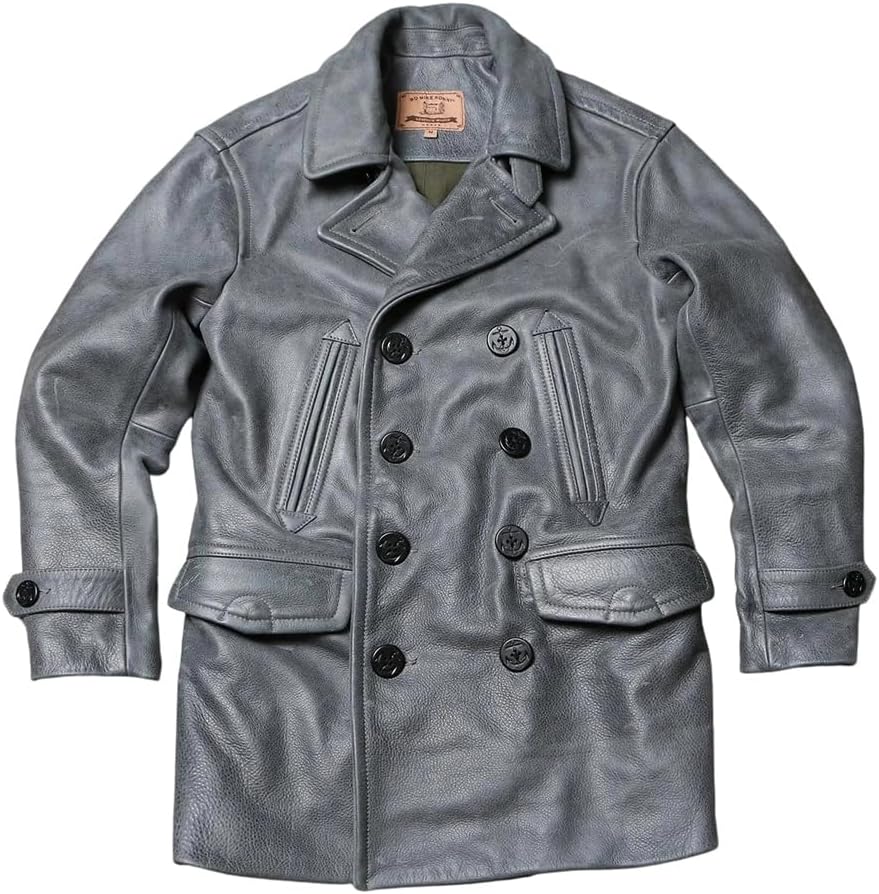 Men Retro Vintage Style Genuine Natural Cowhide Double Breasted Cyan Gray Long Winter Leather Jacket