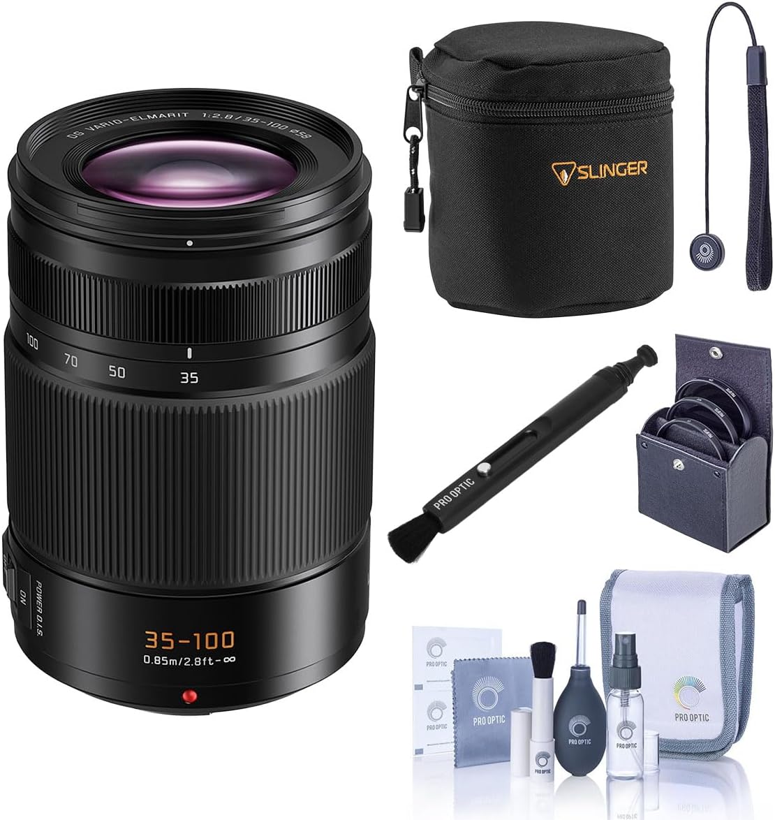Panasonic Leica DG Vario-Elmarit 35-100mm f/2.8 Lens, Bundle with Small Lens Case, 58mm Filter Kit, Lens Cleaner, Cleaning Kit and Lens Cap Tether