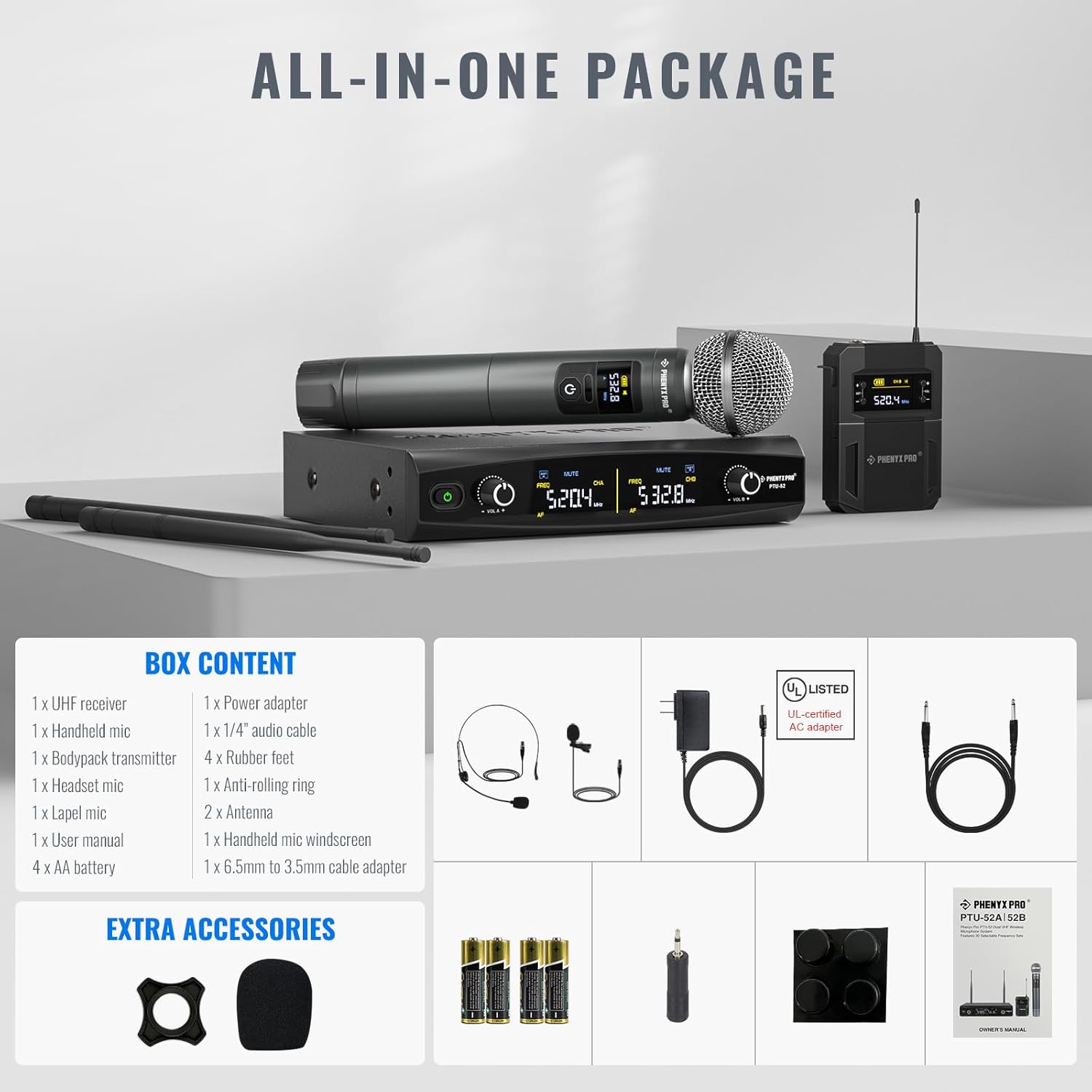 Phenyx Pro Wireless Microphone System,Metal Wireless Mic Set w/Handheld/Bodypack/Headset/Lapel Mics,2 x 30 UHF Frequencies, 200 ft Range, Cordless Mic for Singing, Karaoke, Church (PTU-52-1H1B)