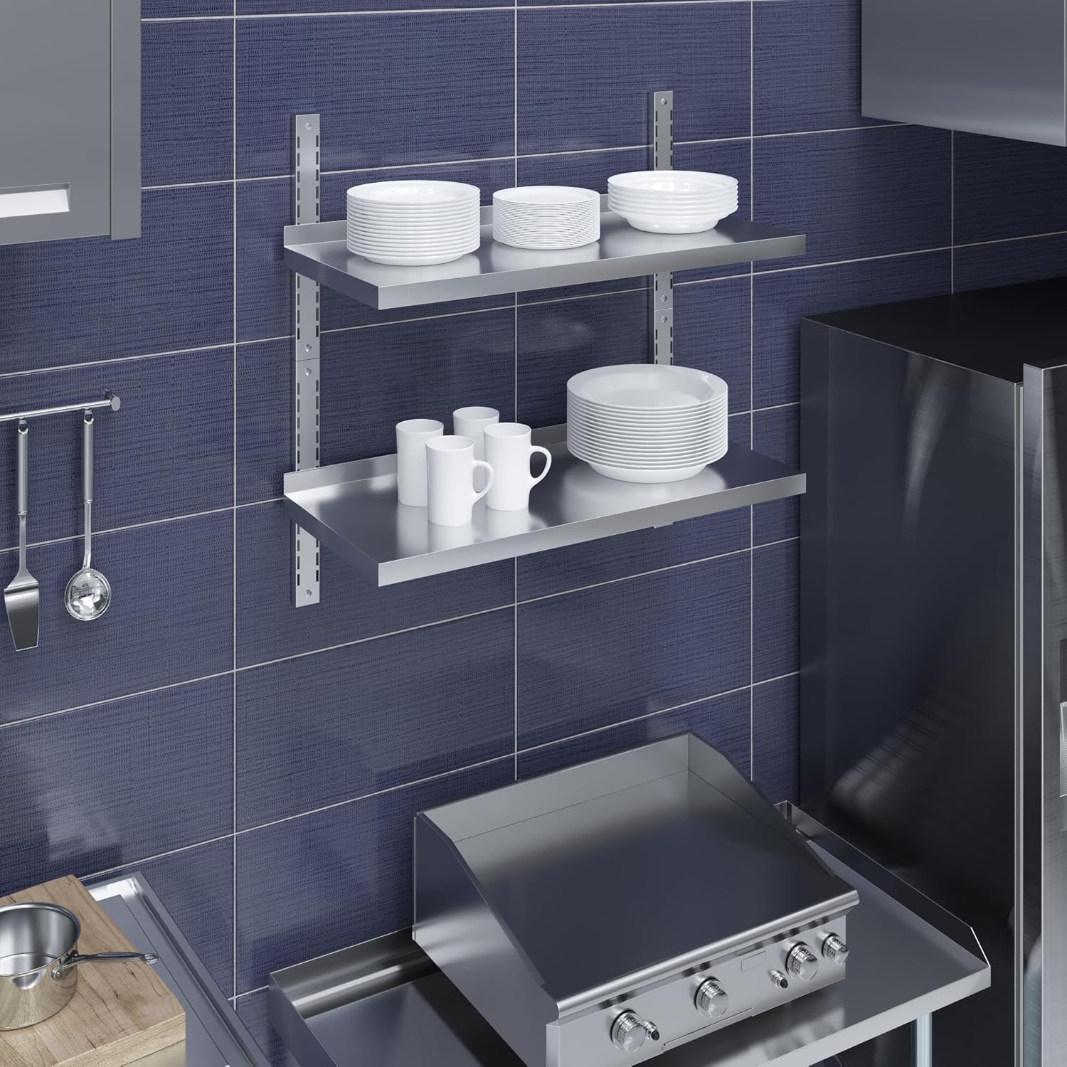 AmGood 16 in. x 36 in. Two-Tier Stainless Steel Wall Mount Shelf | Heavy-Duty Metal Shelving for Kitchen, Garage, Pantry, Closet, and More