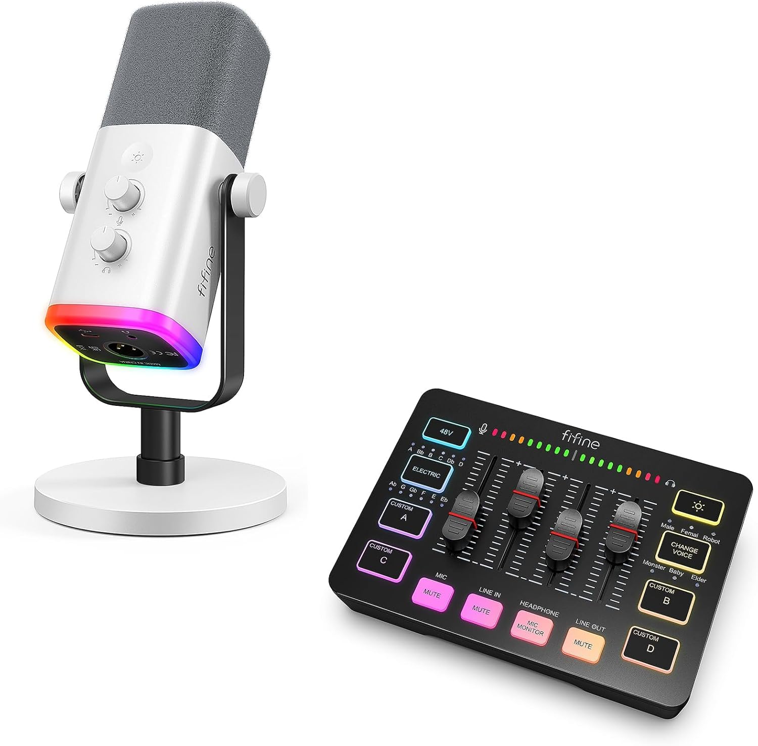 FIFINE XLR/USB Dynamic Microphone with Audio Mixer Bundle, Streaming Microphone with Mute Button, Headphones Jack, XLR Mixer with RGB Lighting, Volume Faders for Gaming, Recording, Podcast (AM8W+SC3)