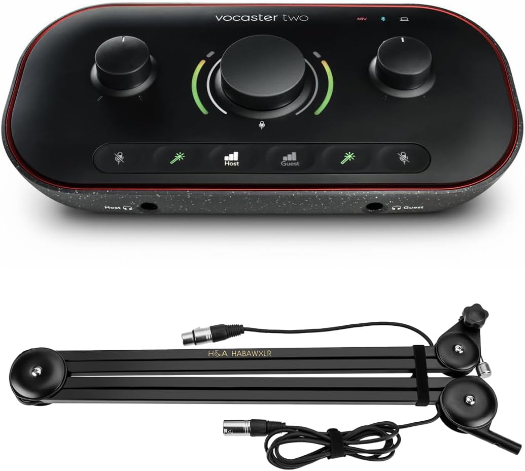 Focusrite Vocaster Two Podcast Interface for Solo Content Creators, Bundle with H&A Broadcast Arm