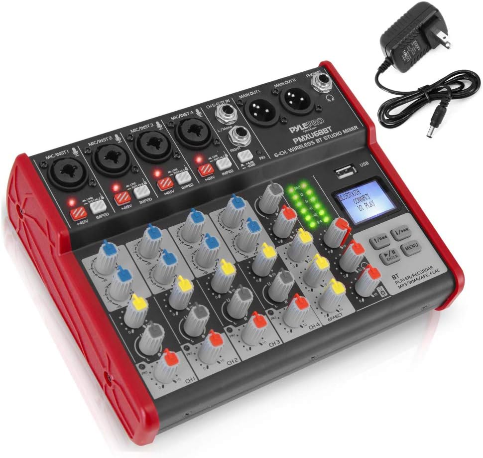 PYLE Studio Audio Sound Mixer Board - 6 Channel Bluetooth Compatible Professional Portable Digital DJ Mixing Console w/ USB Mixer Audio Interface - Mixing Boards For Studio Recording - PMXU68BT