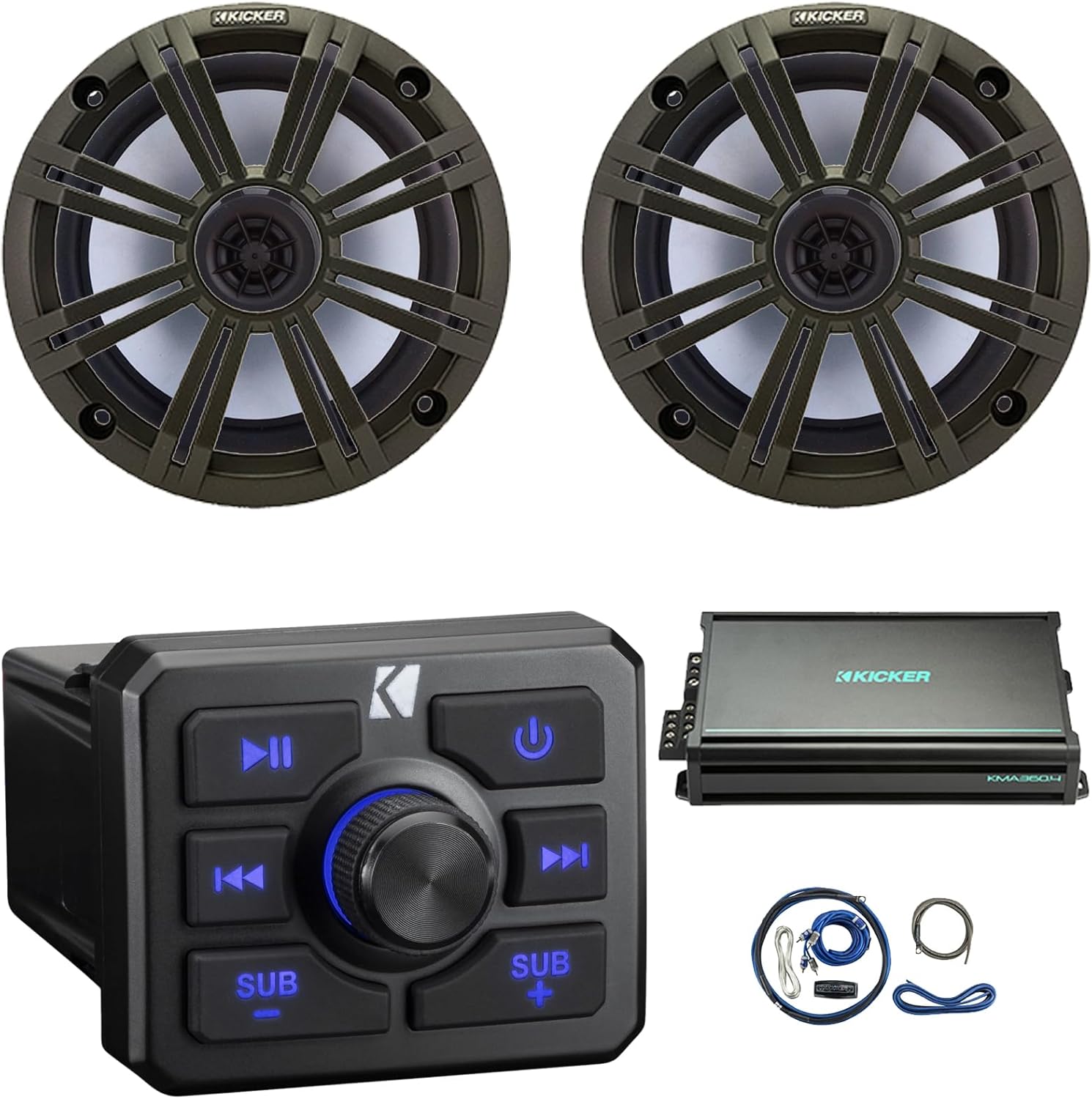 KICKER 51KBTR Marine Bluetooth Powersport USB/AUX Sub RCA Outputs Receiver, 2X 6.5 195 Watts Max Power 4 Ohm Coaxial Speakers W/Grille, 4-Channel Weather-Resistant Full-Range Amplifier W/Kit