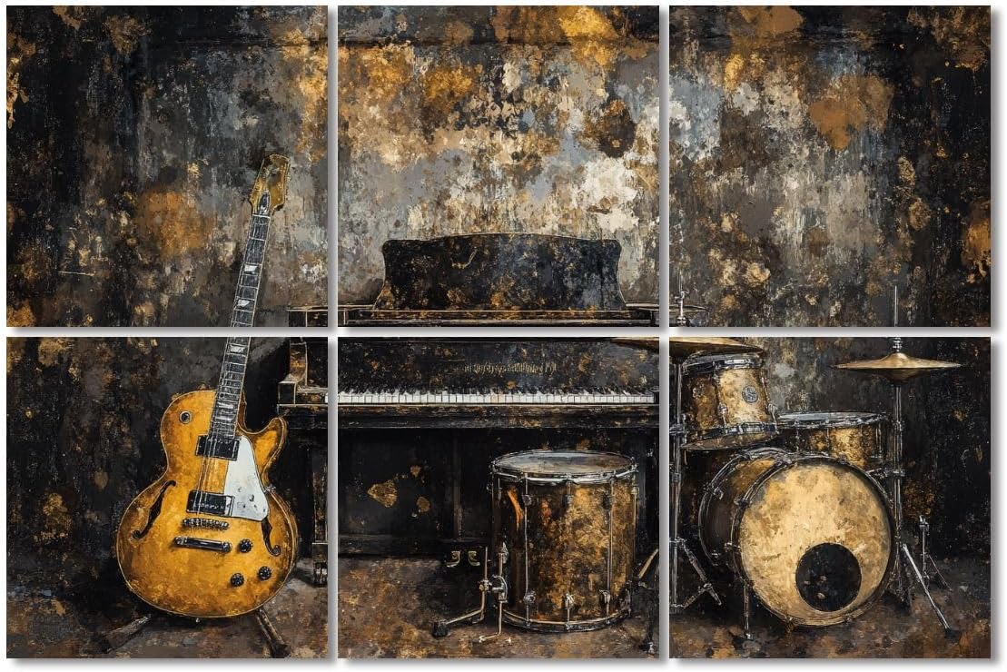 6 Pack Art Acoustic Panels Sound Absorbing Music Black Gold Guitar Piano Drum Set Studio Electric Upright Drums Decorative Soundproof Wall Panels Self Adhesive for Recording Studios Office 72