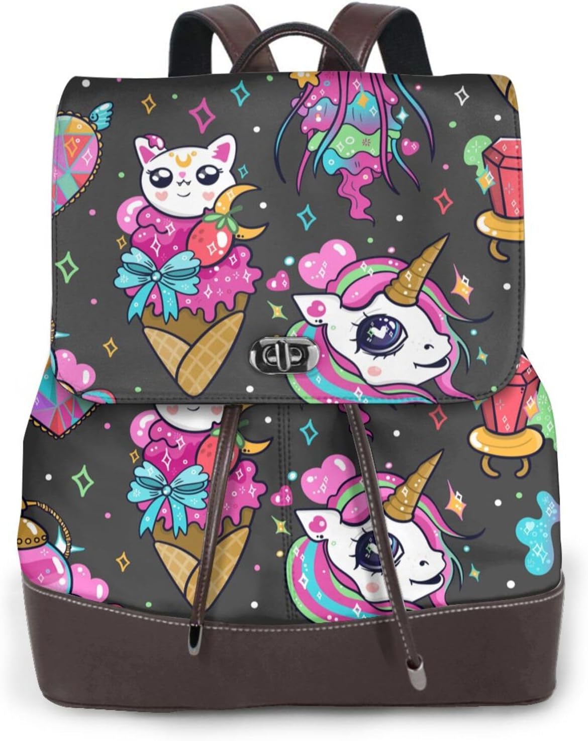 Rainbow Unicorn And Cat Icecream for Womens Backpack Purse Microfiber PU Anti-theft Large Fashion Designer Travel Bag Ladies Shoulder Bags