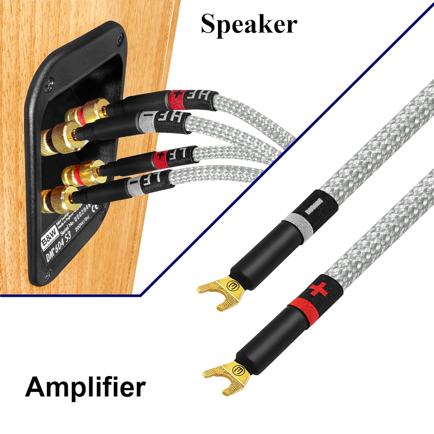 WORLDS BEST CABLES 3 Foot Ultimate - 9 AWG - Ultra-Pure OFC - Premium Audiophile HiFi Bi-Wire Speaker Cable Pair with Eminence Gold Spade (x2) & Banana (x4) Plugs & Silver Tweed Jacket