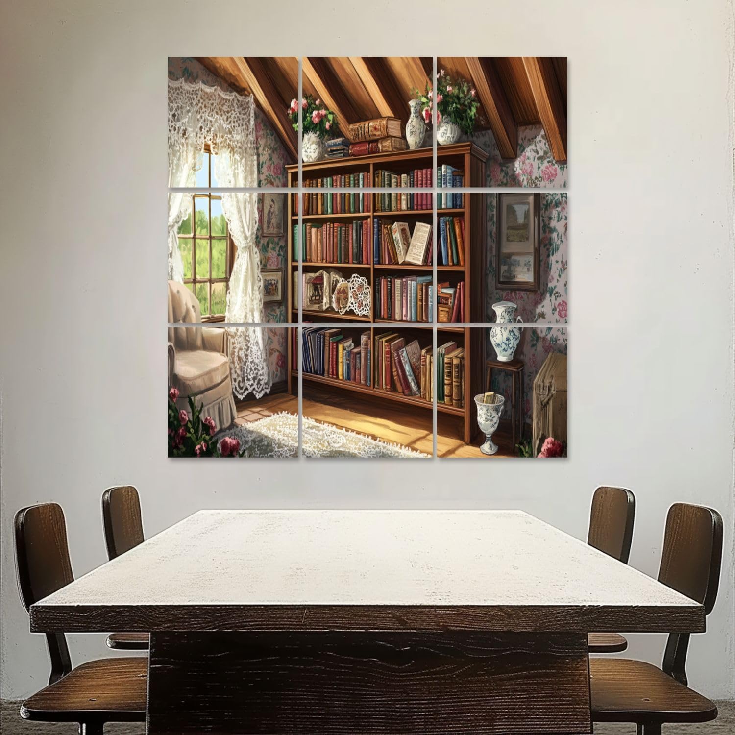 Art Acoustic Panels Self Adhesive Liry Bookshelf Charming Cottage Antique Vases Doilies 9 Packs Decorative Soundproof Wall Panels Large Sound Absorbing Panels for Home Office 60