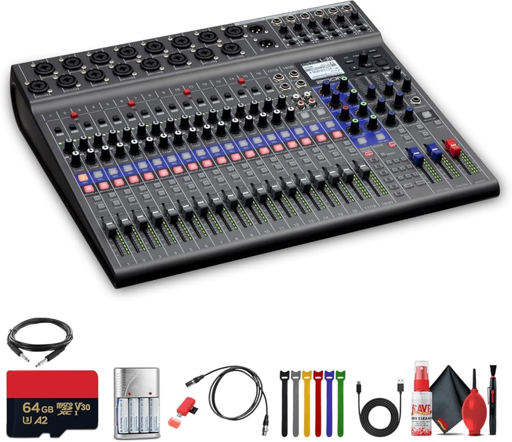 Zoom LiveTrak L-20-20-Input Digital Mixer & Multitrack Recorder Bundle With Balanced Interconnect 1/4 inch TRS to Same Cable + More