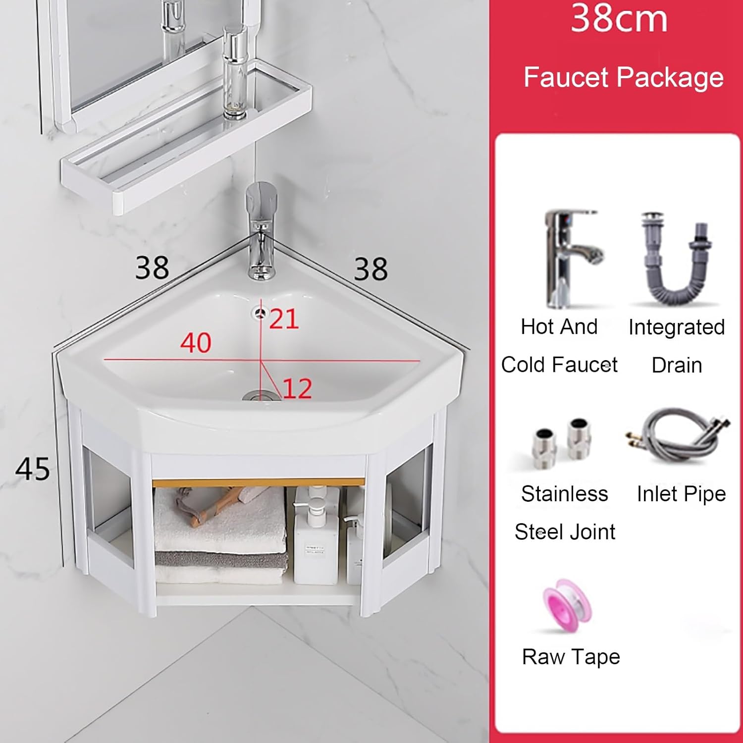 Small Corner Bathroom Vanity Cabinet,With Corner Mirror Cabinet,Corner Wall Mount Bathroom Sink,for Small Space Wall Mounted Cabinet Set Design,with Faucet Hole. ( Size : Low configuration , Color : D