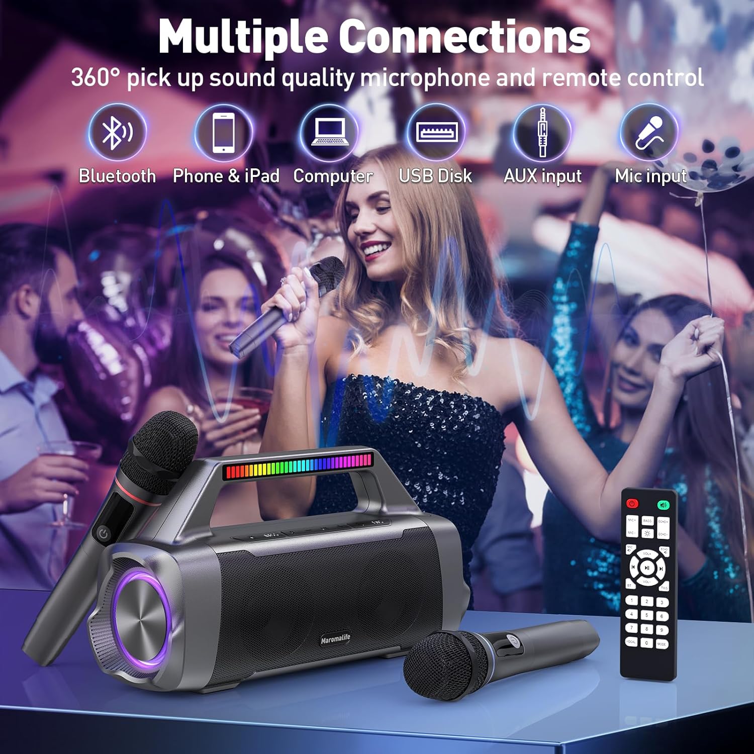 Karaoke Machine with Two Wireless Microphones,Portable Bluetooth Speaker for 100W Stereo Sound, IPX7 Waterproof Speaker with Remote Control Supports for USB,AUX,TWS,40H Playtime,BT 5.3,Rhythm Light