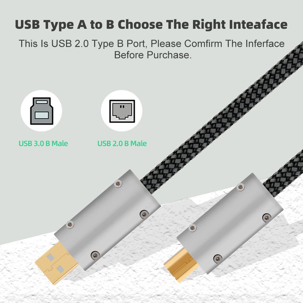 Monosaudio USB 2.0 A to B Data Cable, 1M/3.3Ft, OFC Copper, 3-Layer Shield, 24k Gold-Plated Connectors, for DAC, Decoder, Printer, Computer, Audio Equipment