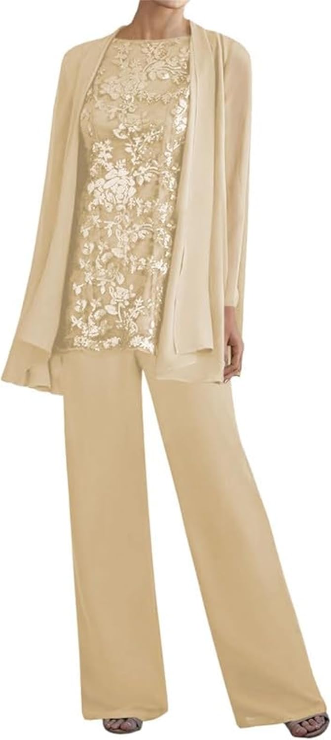 3 Piece Mother of The Bride Pant Suits - Lace Chiffon Grandmother of The Bride Dresses with Jacket Long Sleeve
