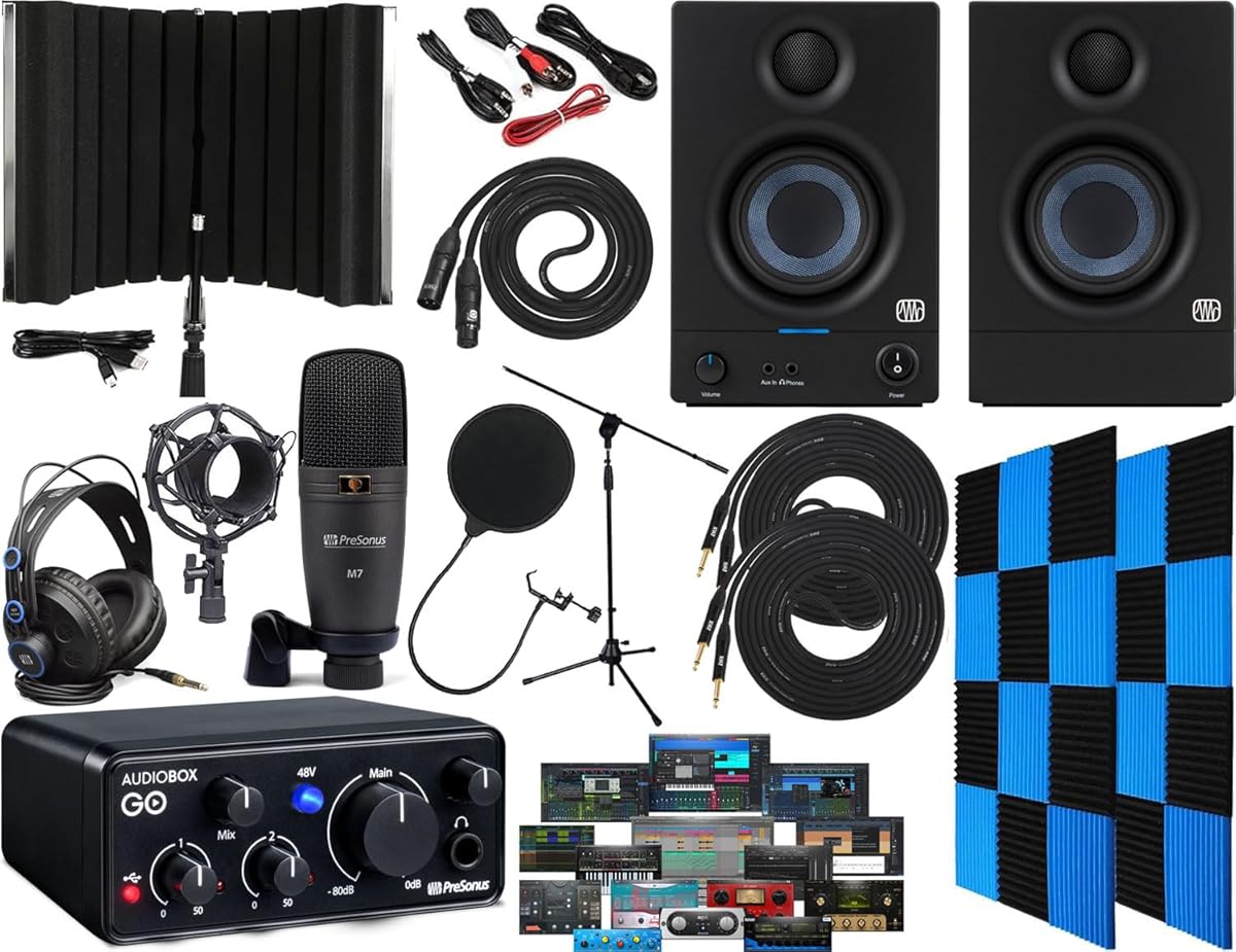 PreSonus AudioBox GO USB-C Audio Interface Creator Recording Bundle with Studio One Artist Software Pack, Eris E3.5 Studio Monitors, HD7 Headphones & 24 pc Acoustic Foam Wedge Panels & Isolation Booth
