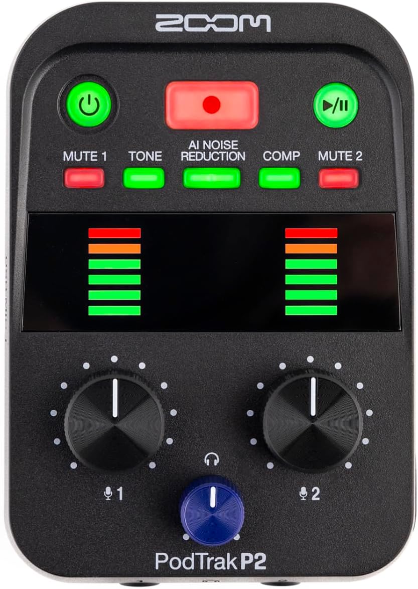 PodTrak P2 Podcast Recorder with 2 USB Mic Inputs, 2 Headphone Outputs, AI Noise Reduction, Tone & COMP Effects, Remote Guest Recording, SD Cards up to 1TB, Battery Powered, & USB-C Powered