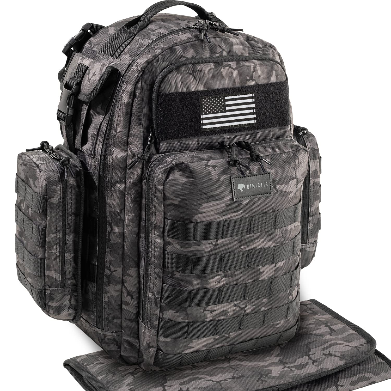 Dad Diaper Bag, Mens Diaper Bag Backpack with Diaper Changing Mat, Military Diaper Backpack with Molle Webbing, Waterproof Pouch, Baby Wipes pocket, Insulated Bottle Pockets- Black Camo