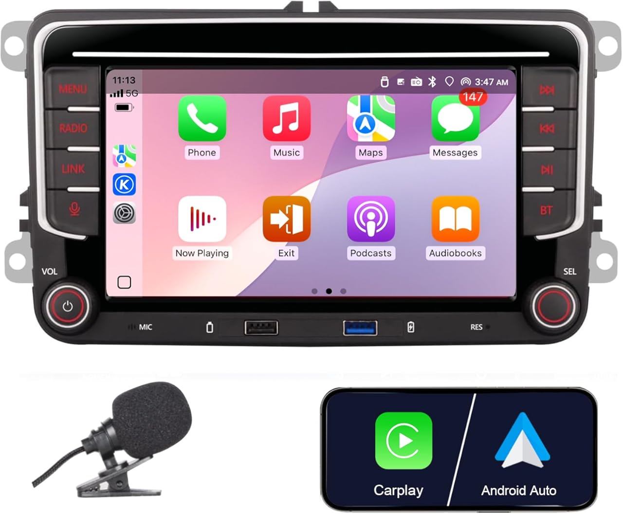 autoradio for VW Volkswagen Jetta Golf Passat Tiguan Seat Touran Skoda Wireless CarPlay Car Stereo,7” Android Auto IPS,16EQ DSP,Bluetooth5.0,FM,Backup Camera for Jetta Radio