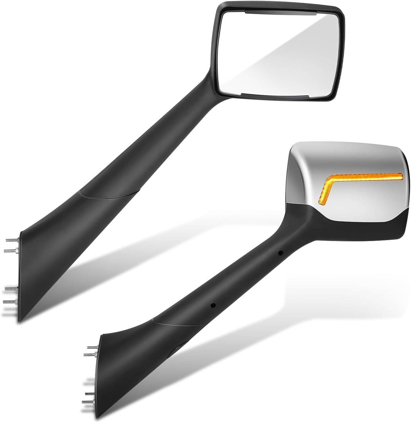 DNA MOTORING Pair of Hood Side View Mirror Compatible with 2022-2025 Peterbilt 579, Injection Molded Satin, Check Mark Style LED Turn Signal Hood Mirror, Chrome, MIRROR-HAY-022-CH