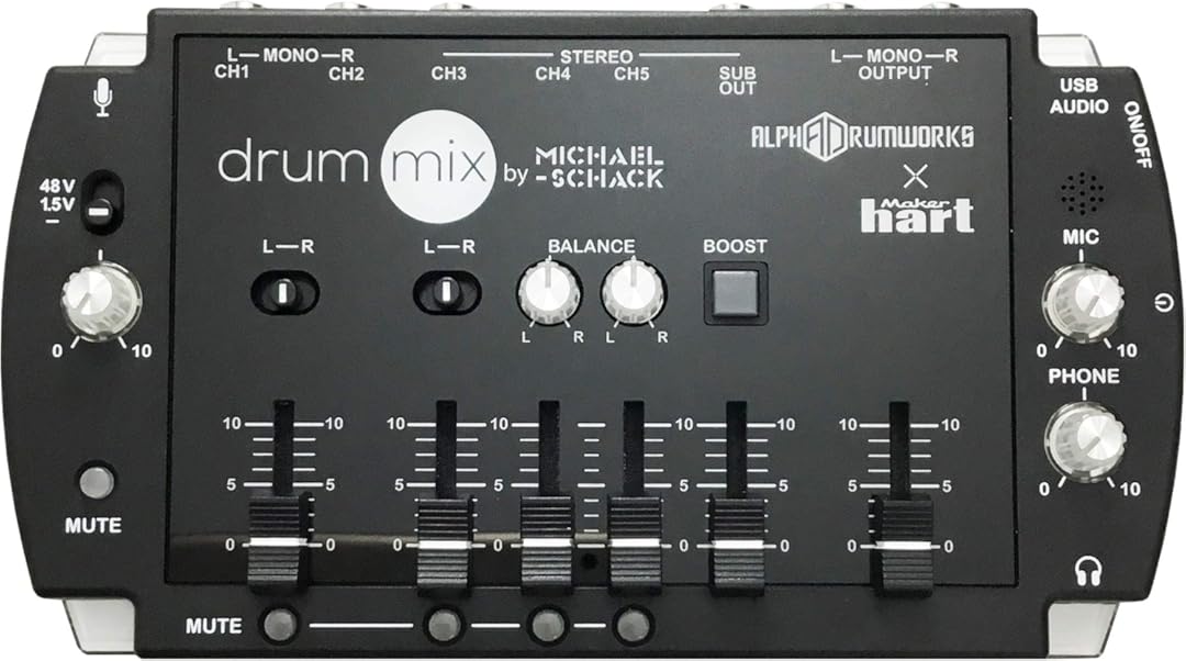 Maker hart Drum Mixer Compact 6 Ch Multitrack Audio IN/3.5mm Stereo/6.3mm Mono L/R/Mic IN/USB Audio out/Build in MIC