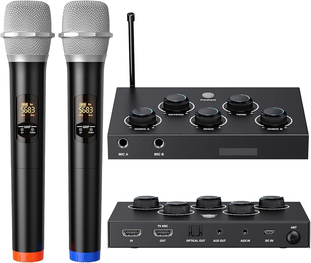 Wireless Microphone System, Dual UHF Portable Karaoke Microphone, HDMI & AUX in/Out, Optical Out, Stable Signal, 100ft Range – Wireless Mic for Singing, Karaoke, Church, Smart TV, PC, PA Speaker
