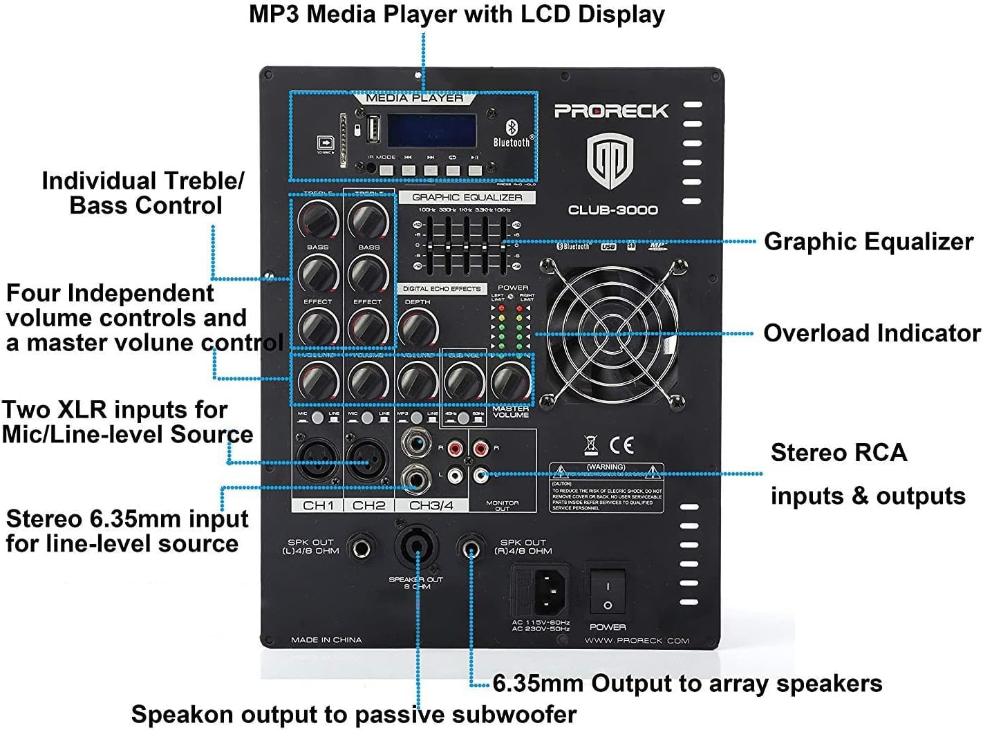 PRORECK Club 3000 12-Inch 4000w DJ Powered PA Speaker System Combo Set with Bluetooth USB Drive Read Function SD Card Remote Control,Two subwoofers and 8 line Array Speakers Set for Church, DJ, Live