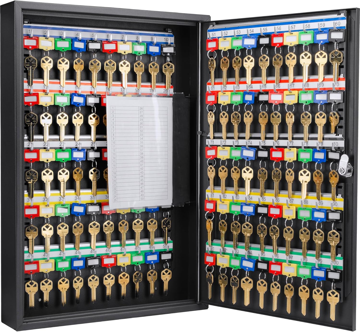 Barska 100-Position Key Lock Box – Solid Steel Key Cabinet with Adjustable Numbered Hooks, Key Log Sheet, Color Tags & Index Chart – Wall-Mount Organizer, Black Finish