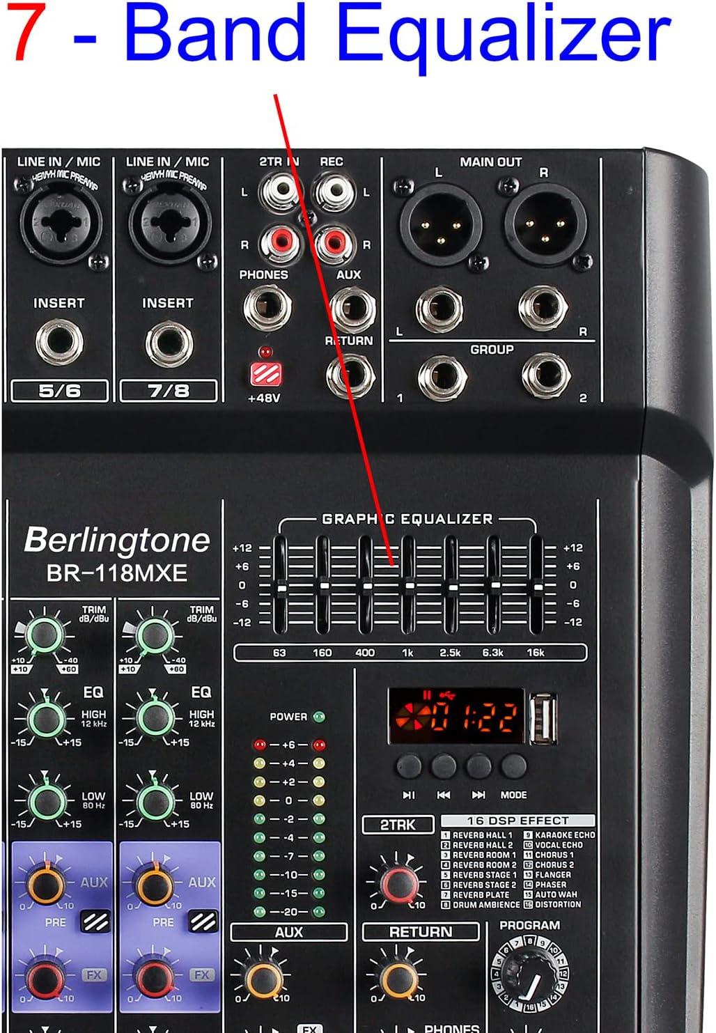 8 Channel Bluetooth Professional Audio Mixer DJ Sound Console, USB MP3 Recording, 6 XLR Microphone Jack 7 Band EQ 48V Phantom Power Stereo 16-BIT Digital Multi FX Processor (BR-118MX)