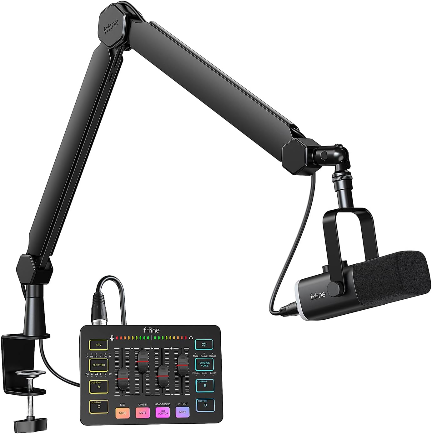 FIFINE Dynamic Gaming Mic Set, Streaming Audio Mixer for Video, Heavy Duty Metal Boom Arm with Desk Mount Clamp, Cable Management Bundle, RGB Gamer Interface Kit for Recording Podcast (KS5+BM66)