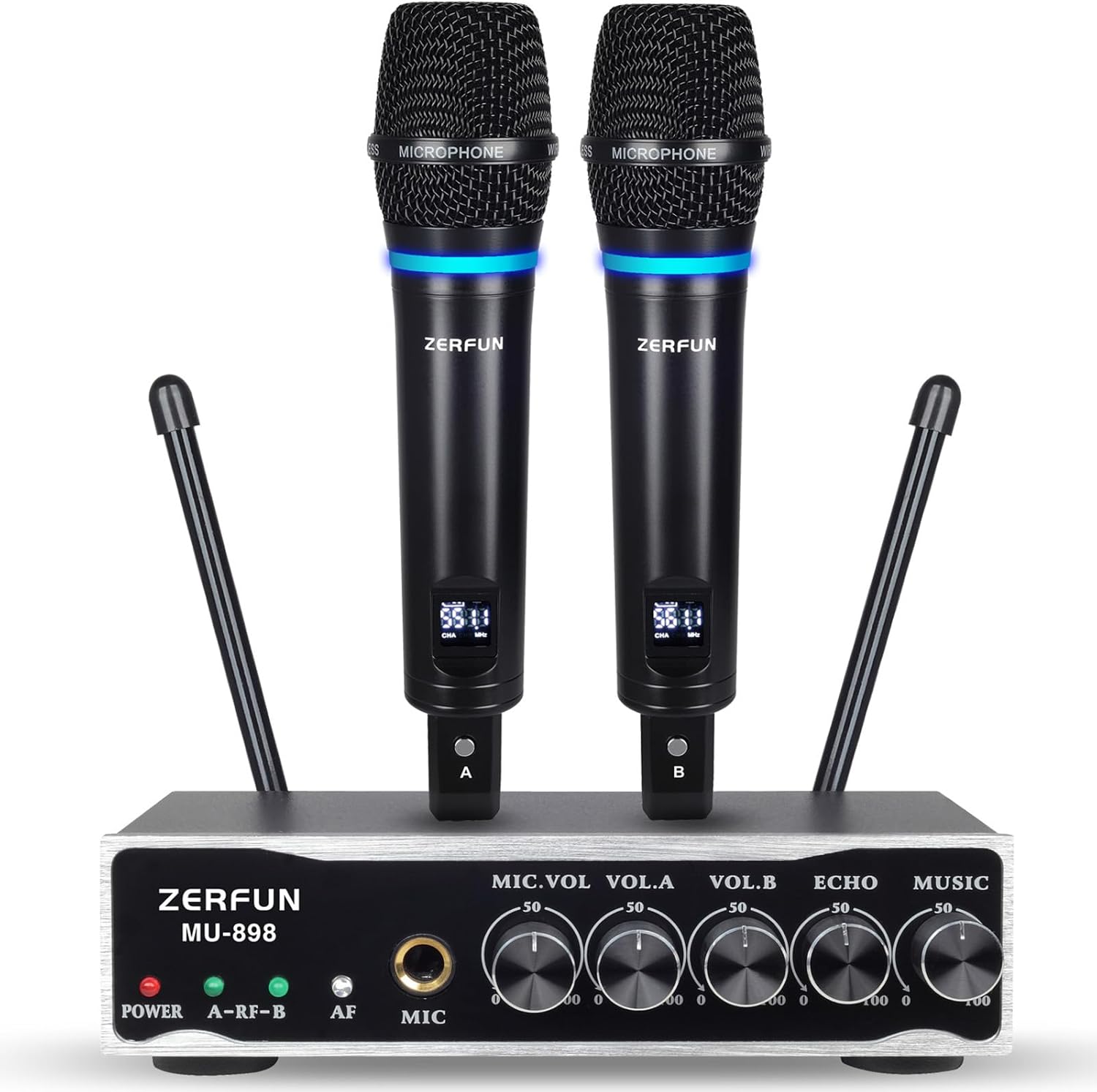 2 Channel Rechargeable Wireless Microphone System, Pro UHF Metal Handheld Wireless Microphones Cordless Mics with Echo Bluetooth VOL Channel Control for Karaoke Singing Church(MU-898)