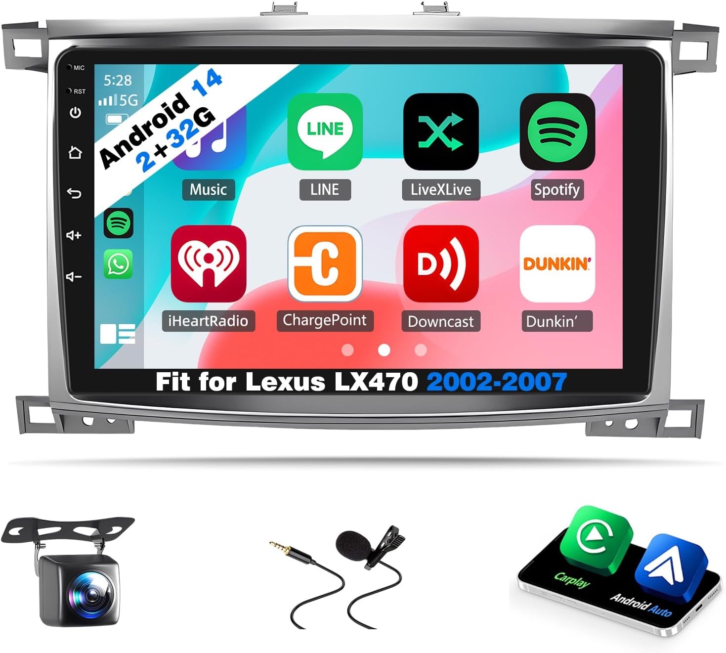 Android 14 Car Stereo Fit for Lexus LX470 2002-2007, 10inch Touch Screen with Wireless Carplay Android Auto AHD Backup Camera Mirror Link GPS SWC WiFi FM,2+32G