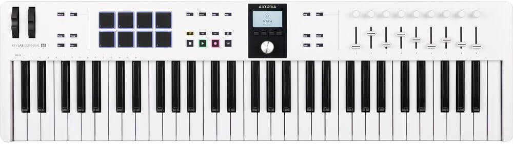 Arturia 231531 KeyLab Essential mk3 61-Key Universal MIDI Controller and Software (White) Bundle with Auray FP-P1L Sustain Pedal, Hosa MID-310 MIDI Cable, and Medium-Size 61-67 Keys Cover for Piano