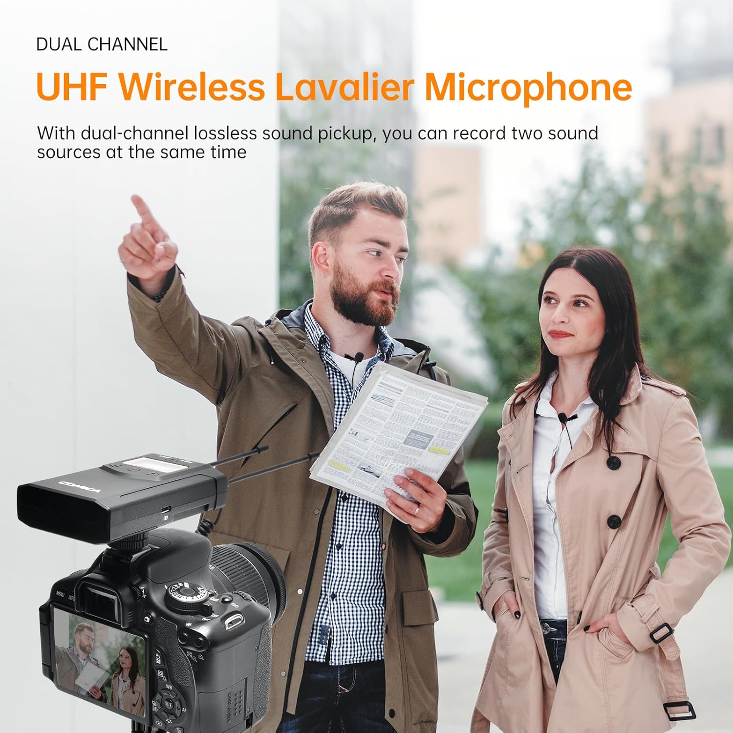 Comica CVM-WM100PLUS - Wireless Microphone System for Cameras, Camcorders, Smartphones, Laptops, Professional UHF Wireless Lavalier Lapel Microphone with Dual-Channel Recording, AA Batteries