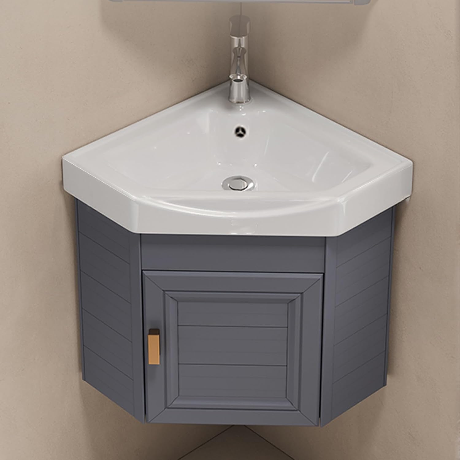 Small Wall Mount Corner Sink, Corner Pedestal Sink, Ceramic Sink, with Drain Kit, for Bathroom, Laundry Room, Living Room, Balcony (Grey 43CM)