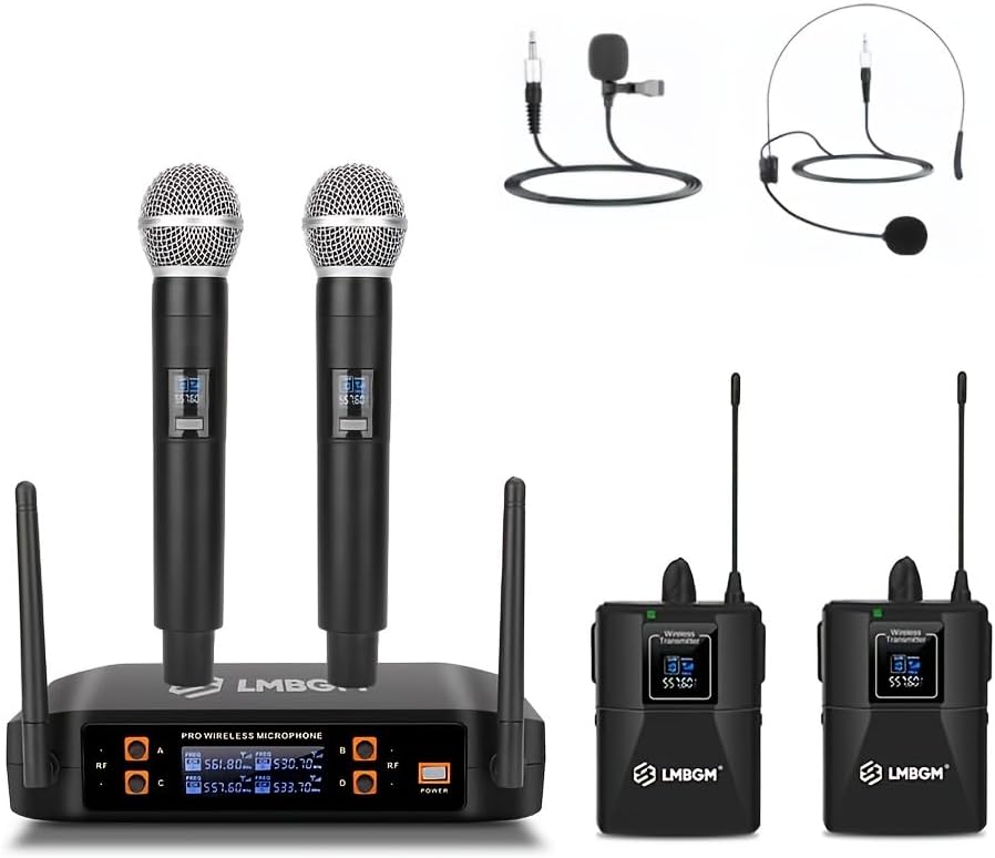 D4 Wireless Mic System Offers Clear Audio for Stage, Instruments, conferences, Singing, Karaoke, and Weddings. (2 Handheld & 2 Bodypack (1 lavalier+1 Headset)