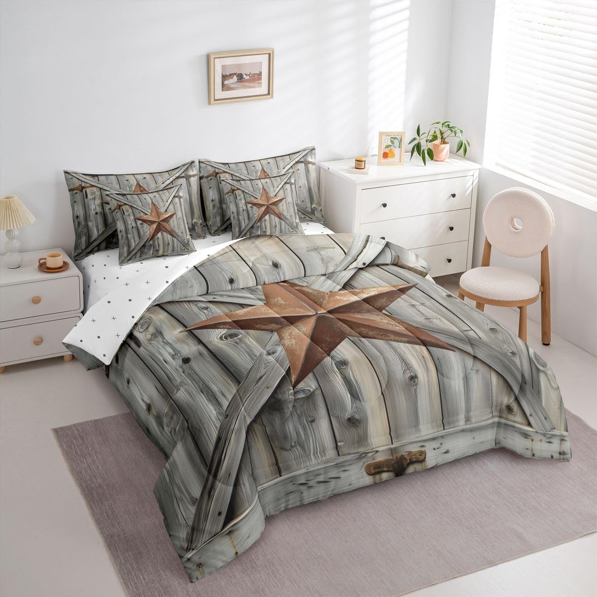 Feelyou Texas Star Comforter Set 7 Pieces Queen Size Wood Barn Door Bedding Set for Kids Teens Adults Vintage Farmhouse Bed in a Bag 7Pcs,Comforter + Sheets + Pillowcases + Cushion Covers
