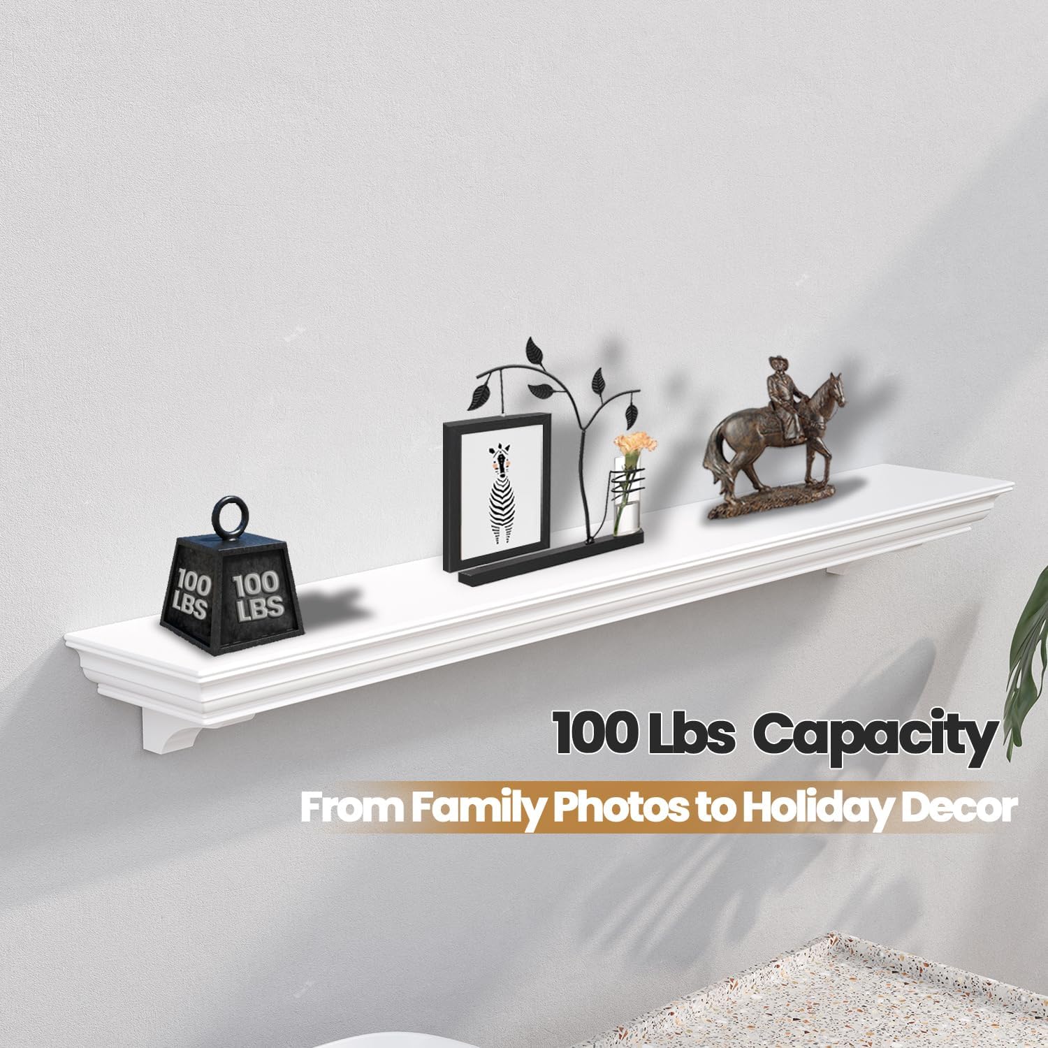 Fireplace Mantel with Invisible Heavy Duty Wood Bracket, Wall Mount Handcrafted Hollow Floating Mantel Shelf for Electric or Traditional Fireplace, Rustic Farmhouse Modern Style (60 Inch, White)