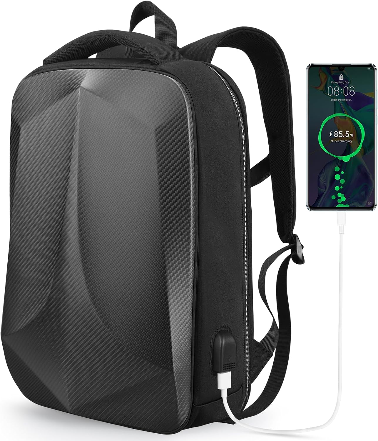 T-carbon Carbon Fiber Hard Shell Work Laptop Backpack, Black Anti-Theft Lightweight Business Backpacks for Men Women Travel, 15.6 inch Gamer Gaming Computer Laptop Backpack Bag with USB Charging Port