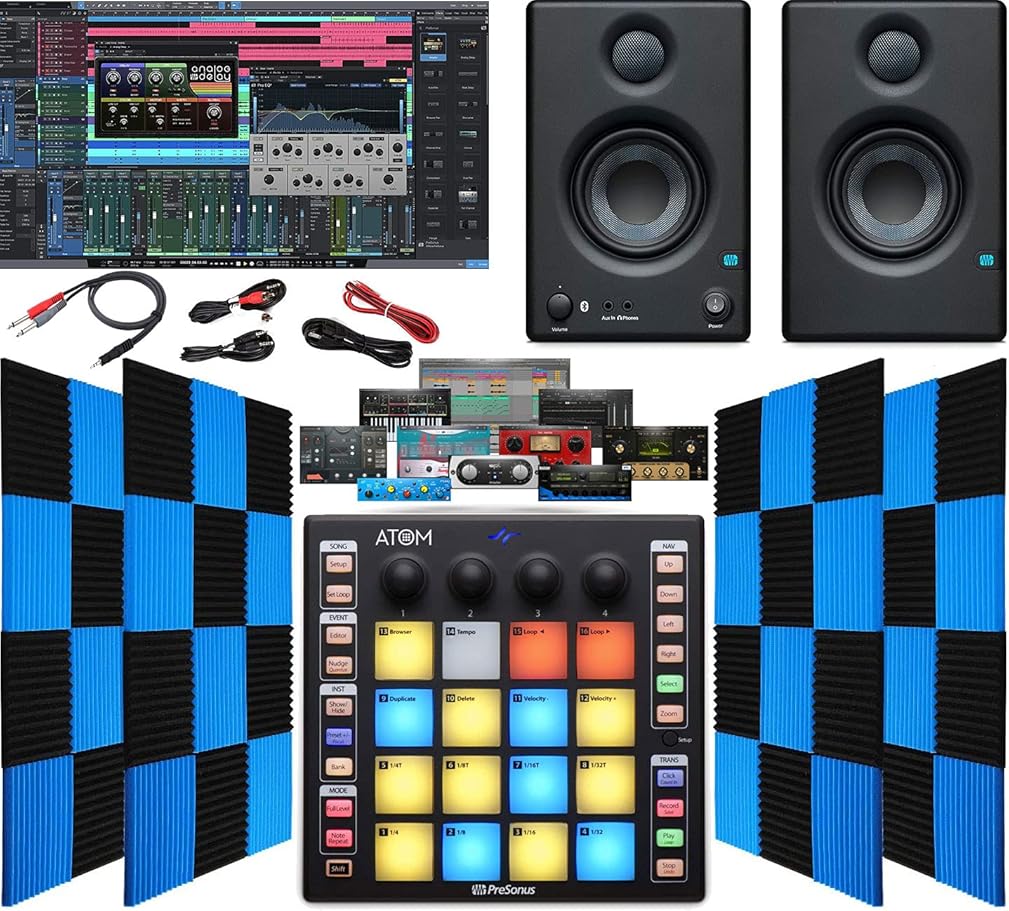 PreSonus ATOM Production, MIDI Pad Controller for USB/iPad & iOS, Eris 3.5 BT Pair Monitors, 24 Pack Acoustic Soundproof Foam Wedge Sound Insulation Panels + 3.5mm/TRS to Dual 1/4