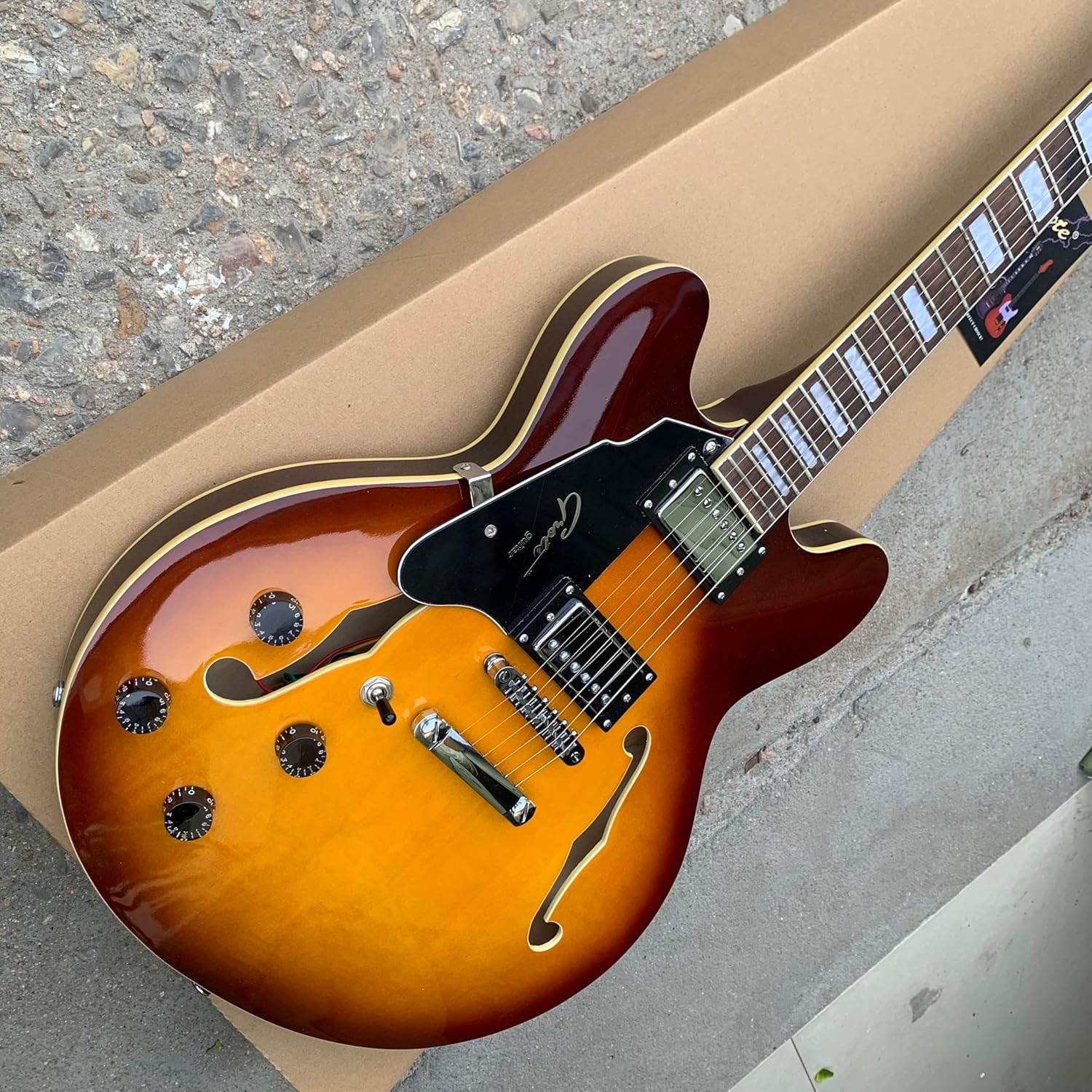 Semi-Hollow Body Electric Guitar, Left-Handed, F-Hole Design, Sunburst Finish