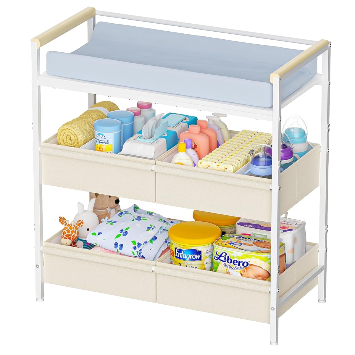 Baby Changing Table with Safety Bumper, Sturdy Diaper Change Station with Adjustable Devider in Large Storage Bin, Nursery Dresser for for Cloth Change, Baby Furniture Diaper Organizer,White