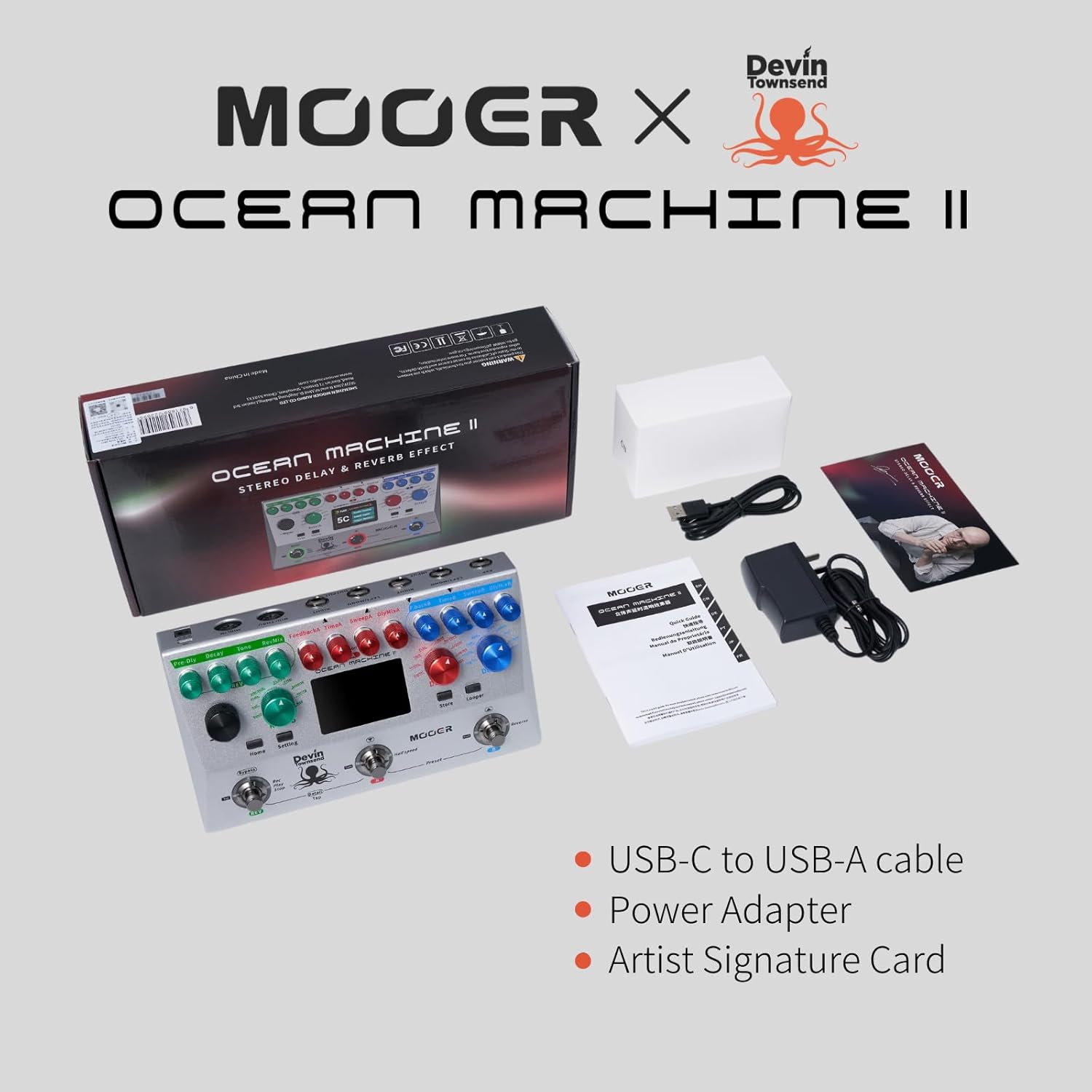 MOOER Ocean Machine II Stereo Delay, Reverb, Looper Pedal with 120min Looping Time, Tap Tempo, MIDI, Gig Bag