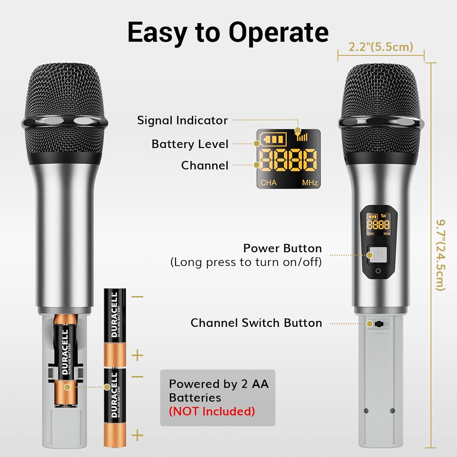 TONOR Wireless Microphones, 2 x 15 UHF Channels Professional Karaoke Microphone, Metal Handheld Cordless Dynamic Mic System for Home Party, Church, DJ, Wedding, Singing, Speech, 200ft TW820 Silver